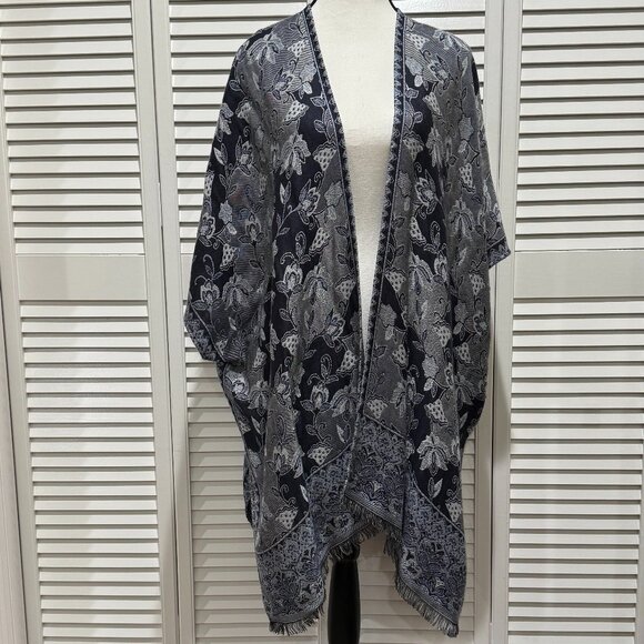 Chico’s Floral Open Front Shawl Wrap with Arm Openings – Navy & White – One Size - Picture 1 of 7